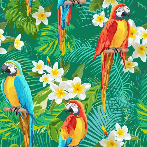 Tropical Flowers and Birds Background - Vintage Seamless Pattern - in vector