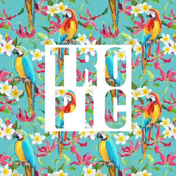 Tropical Flowers and Parrot Birds Exotic Background. Vector Banner. T-shirt Graphic Design