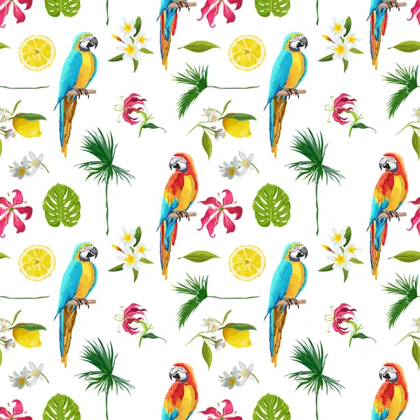 Tropical Background. Parrot Bird. Tropical Flowers. Seamless Pattern. Vector