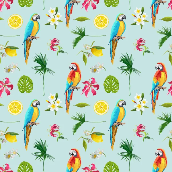 Tropical Background. Parrot Bird. Tropical Flowers. Seamless Pattern. Vector