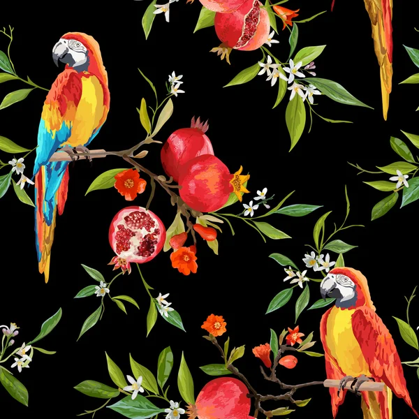 Tropical Flowers, Pomegranates and Parrot Birds Background - Vintage Seamless Pattern - in vector