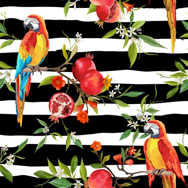 Tropical Flowers, Pomegranates and Parrot Birds Background - Vintage Seamless Pattern - in vector