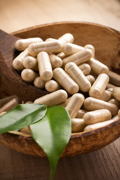 Alternative Medicine. Alternative medicine tablets on a wooden spoon, green leaf.