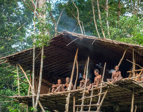 Group of Papuan Korowai tribe in house on tree