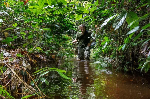 The photographer in the jungle goes through a bog.