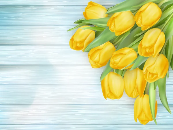 Yellow tulips flowers on wooden planks. EPS 10