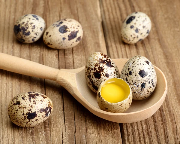 Quail eggs in spoon on wooden table