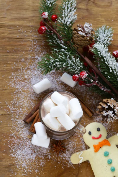 Sweet hot cocoa with marshmallows, winter Christmas drink