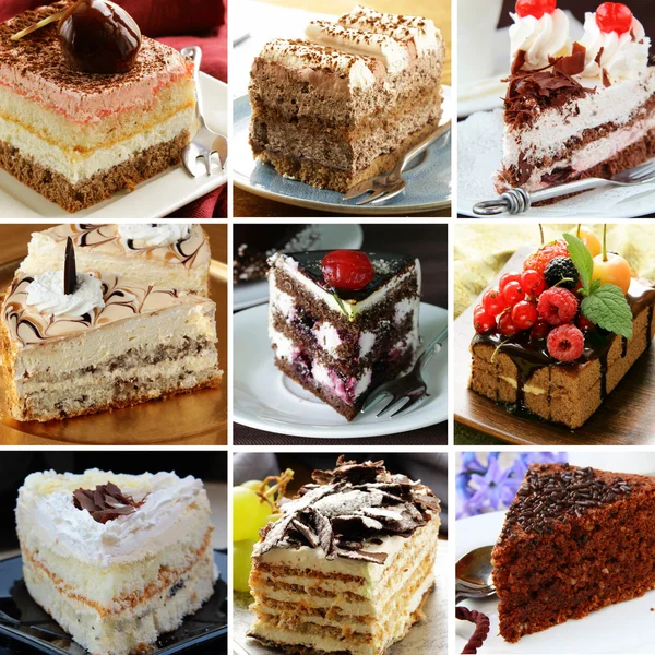 Collage of different pieces of cake (vanilla, chocolate, Black Forest)