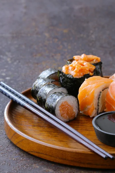 Menu of assorted sushi with salmon - Traditional Japanese cuisine