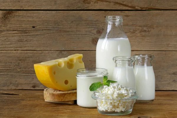 Assortment of dairy products (milk, cheese, sour cream, yogurt)