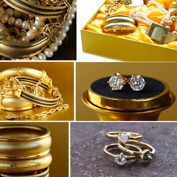 Collage of various jewelry of gold and precious stones (bracelets, necklaces, earrings, chains)