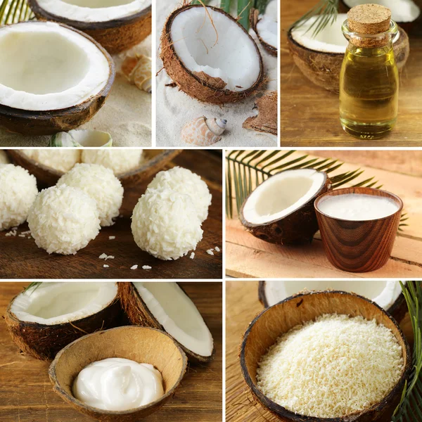 Collage of fresh organic coconut and its products (oil, chips, cream)