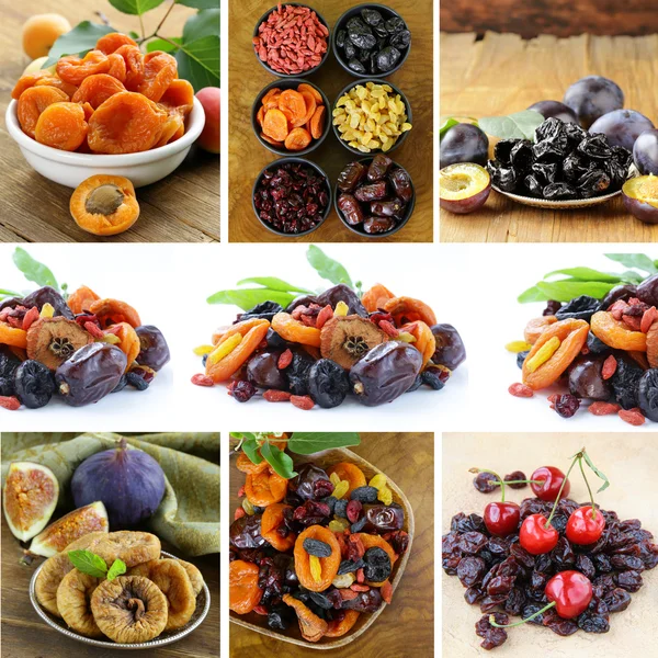 Collage assorted dried fruits (raisins, apricots, figs, prunes, goji, cherry,cranberries)