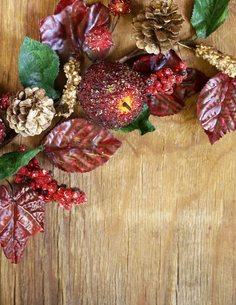 Autumnal composition with fruits and leaves decorations for Thanksgiving holiday