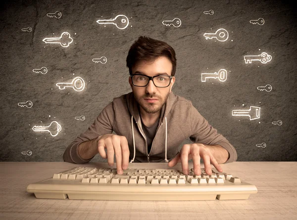 Hacker nerd guy with drawn password keys