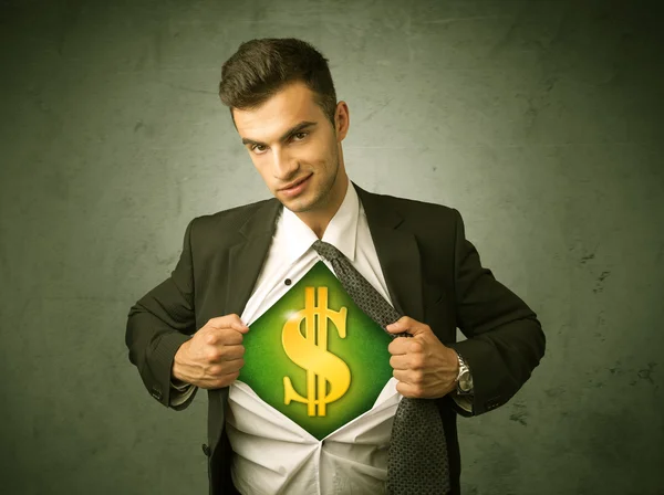 Businessman tearing off his shirt with dollar sign on chest