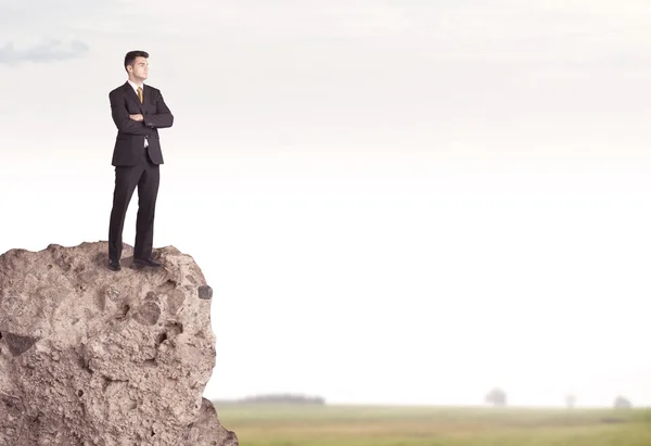 Happy salesman on cliff in the country