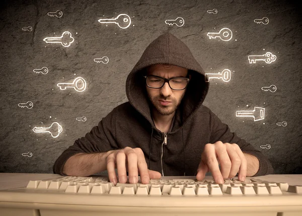 Hacker nerd guy with drawn password keys