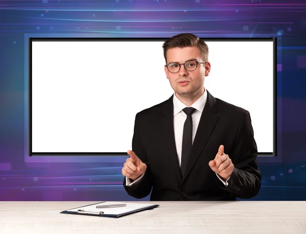 Television program host with big copy screen in his back