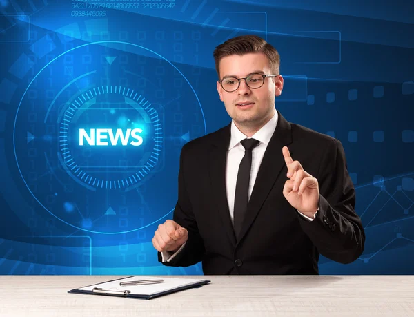 Modern televison presenter telling the news with tehnology backg