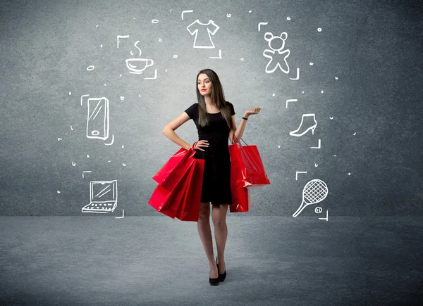 Shopping female with bags and drawn icons