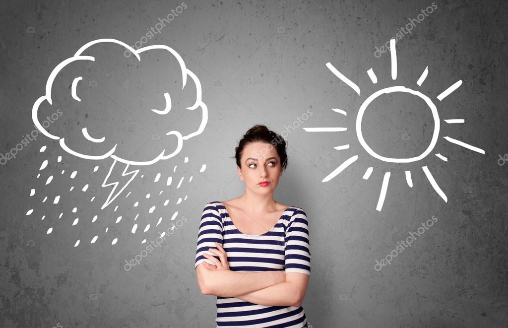 Mulher em pé entre um sol e uma chuva de desenho — stock photo ... Désign sol Desenho