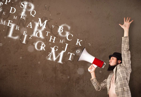 Man in shirt shouting into megaphone and text come out