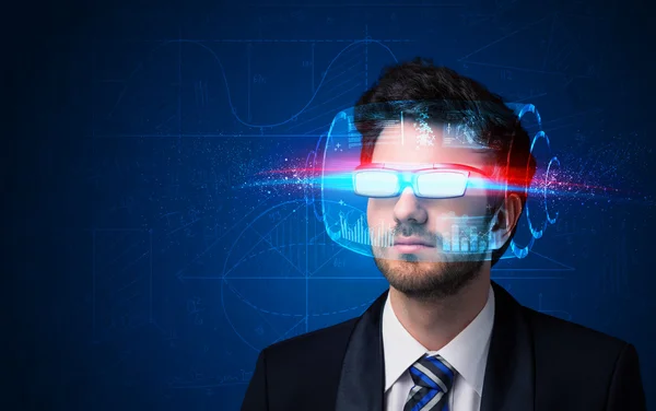 Man with future high tech smart glasses