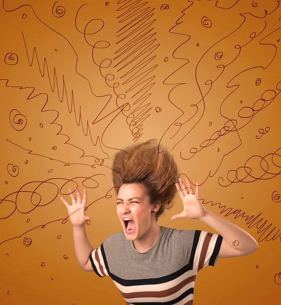 Excited young woman with extreme hairtsyle and hand drawn lines