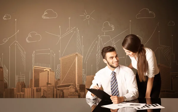 Business couple with buildings and measurements