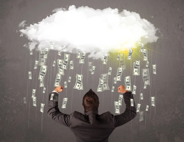 Business man in suit looking at cloud with falling money