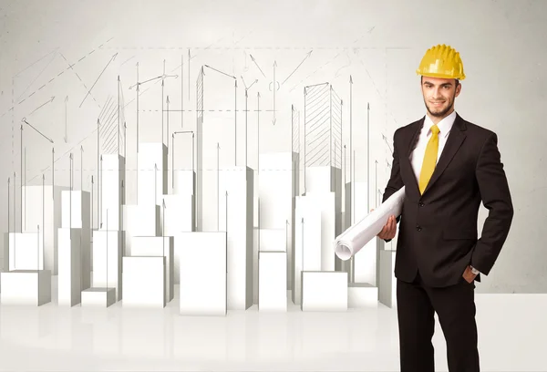 Construction worker planing with 3d buildings in background