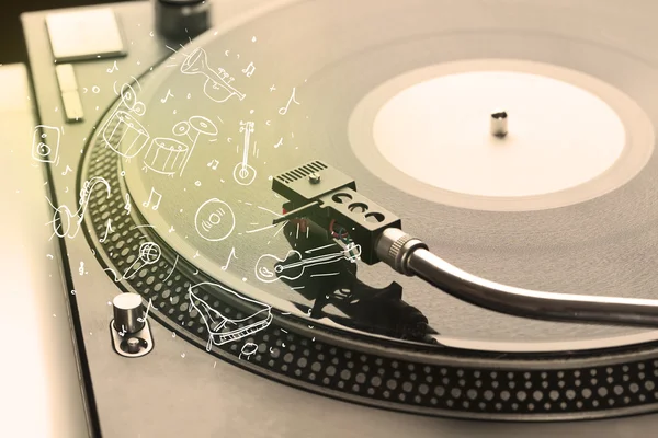 Turntable playing classical music with icon drawn instruments