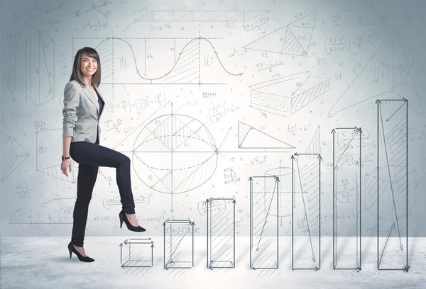 Business woman climbing up on hand drawn graphs concept
