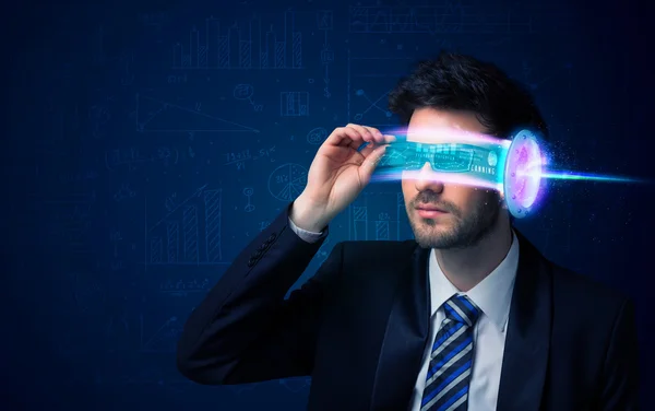 Man from future with high tech smartphone glasses