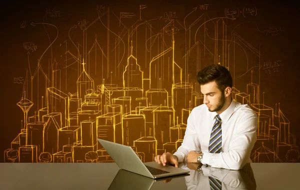Businessman with buildings and numbers