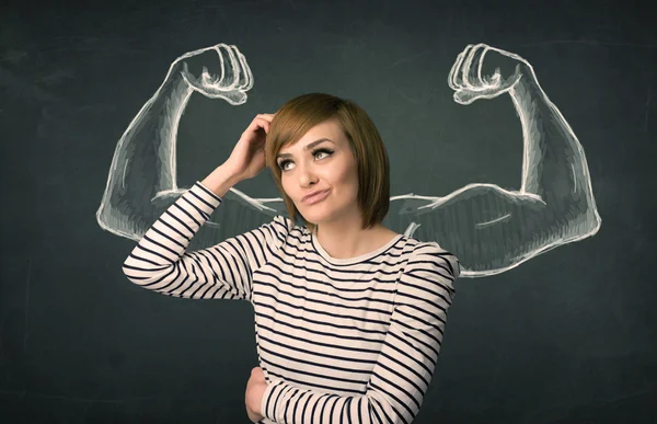 Woman with sketched strong and muscled arms