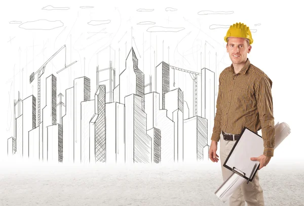 Engineer man with building city drawing in background