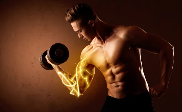 Muscular body builder lifting weight with energy lights on bicep