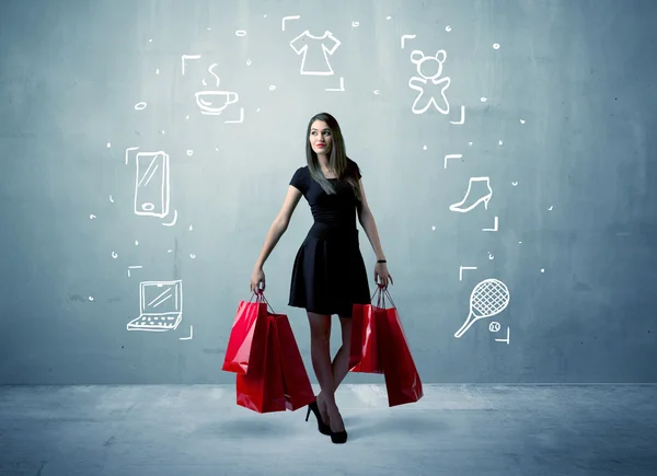 Shopping female with bags and drawn icons