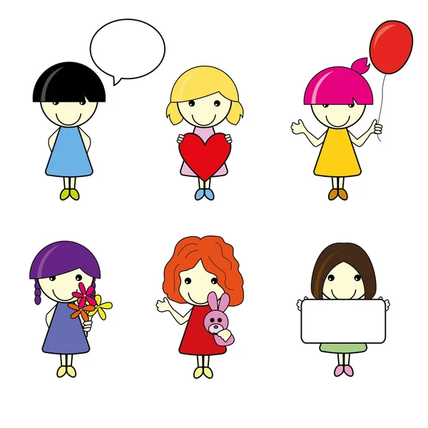 Six litte cartoon people with objects with happy faces