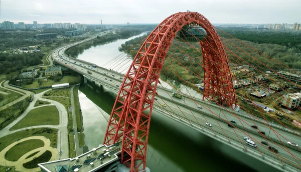Aerial view of modern cable-stayed Zhivopisny bridge in Moscow