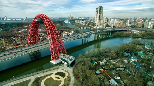 Aerial view of modern cable-stayed Zhivopisny bridge, Moscow