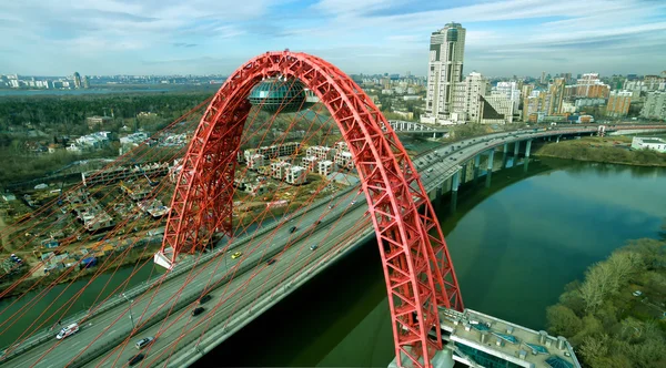 Aerial view of modern cable-stayed Zhivopisny bridge, Moscow