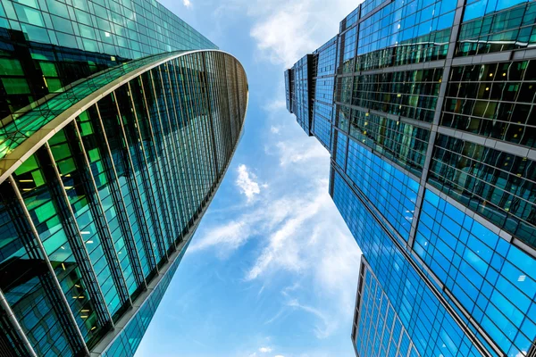 Bottom view with perspective of Moscow-City skyscrapers