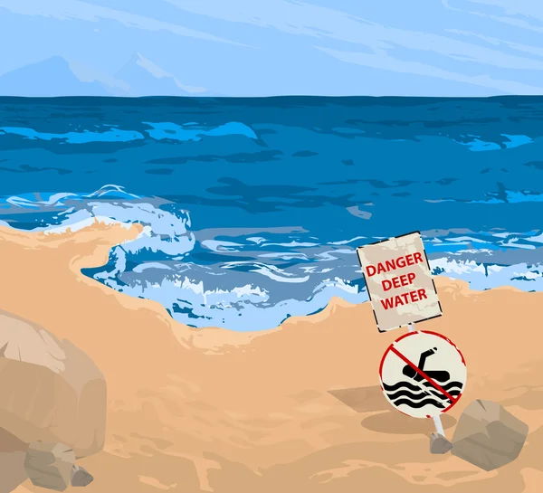 Deep water warning signs on the beach