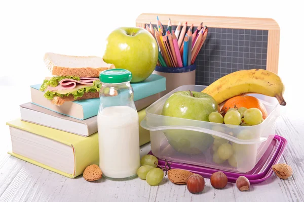 School lunch and accessories on table