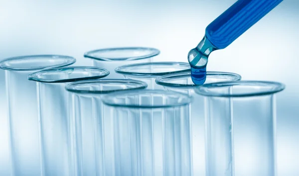 Pipette adding fluid to one of several test tubes .medical glassware