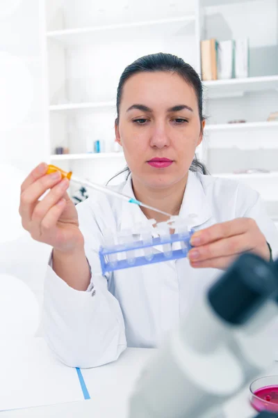 Young Female Scientist Analyzing Sample In Laboratory.laboratory assistant analyzing a sample.